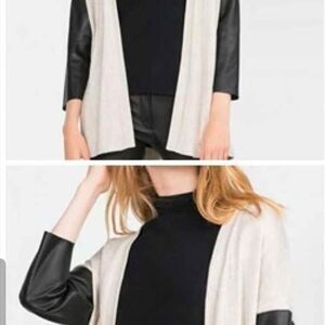 ZARA Open Front Cardigan with Faux Leather Sleeves Medium
